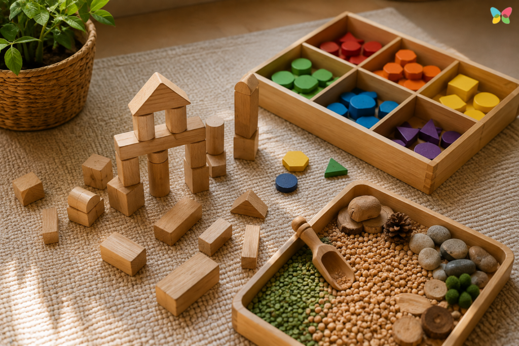 Welmont preschool sensory play with wooden blocks, sorting shapes, and natural materials.