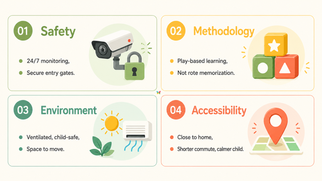 Welmont preschool infographic highlighting safety, play-based learning, child-friendly environment, and accessibility.