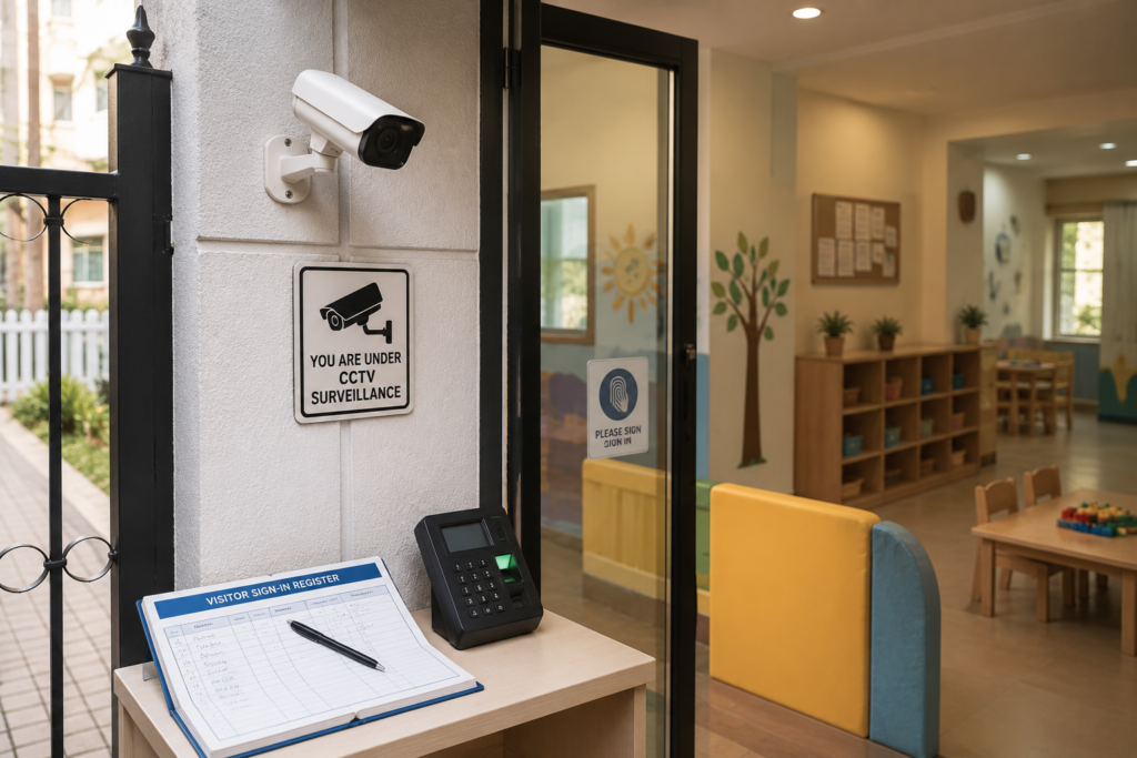 Preschool entrance featuring CCTV surveillance, visitor sign-in register, secure keypad access, and a child-friendly classroom interior.