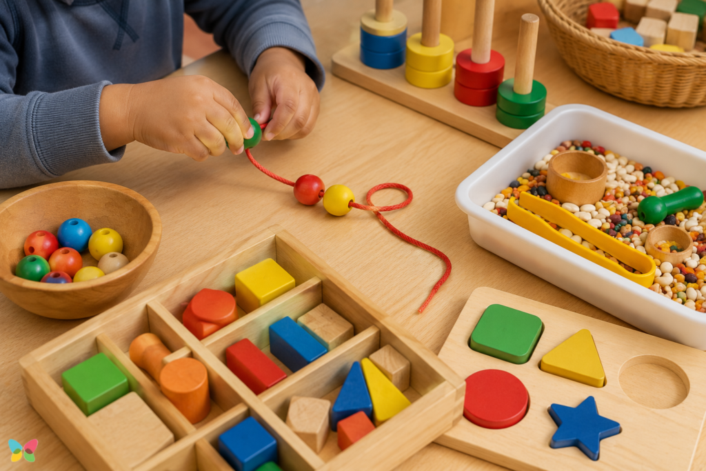 Child engaging in hands-on preschool learning with colorful beads, shape-sorting blocks, stacking toys, and a sensory tray.