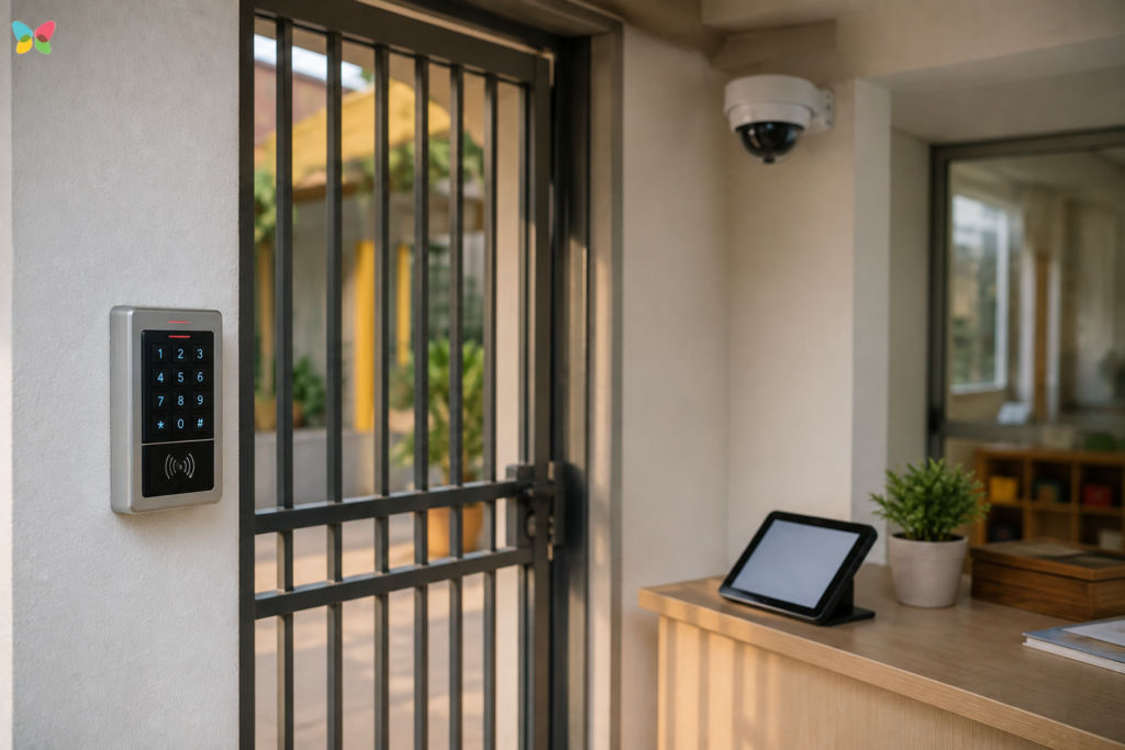 Secure preschool entrance featuring a gated entry, keypad access control, CCTV camera, and visitor monitoring tablet.