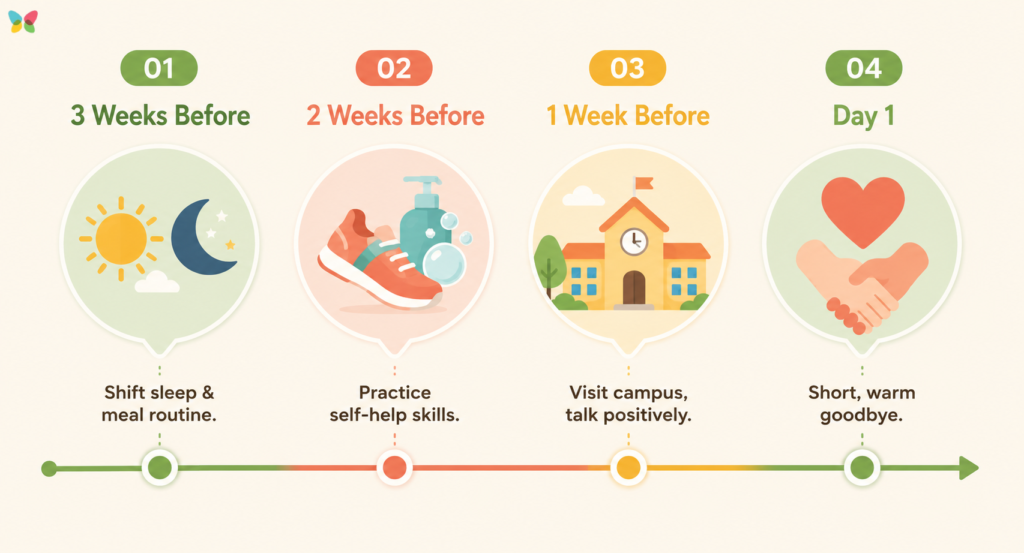 Preschool transition timeline showing steps to prepare a child 3 weeks before, 2 weeks before, 1 week before, and on the first day.