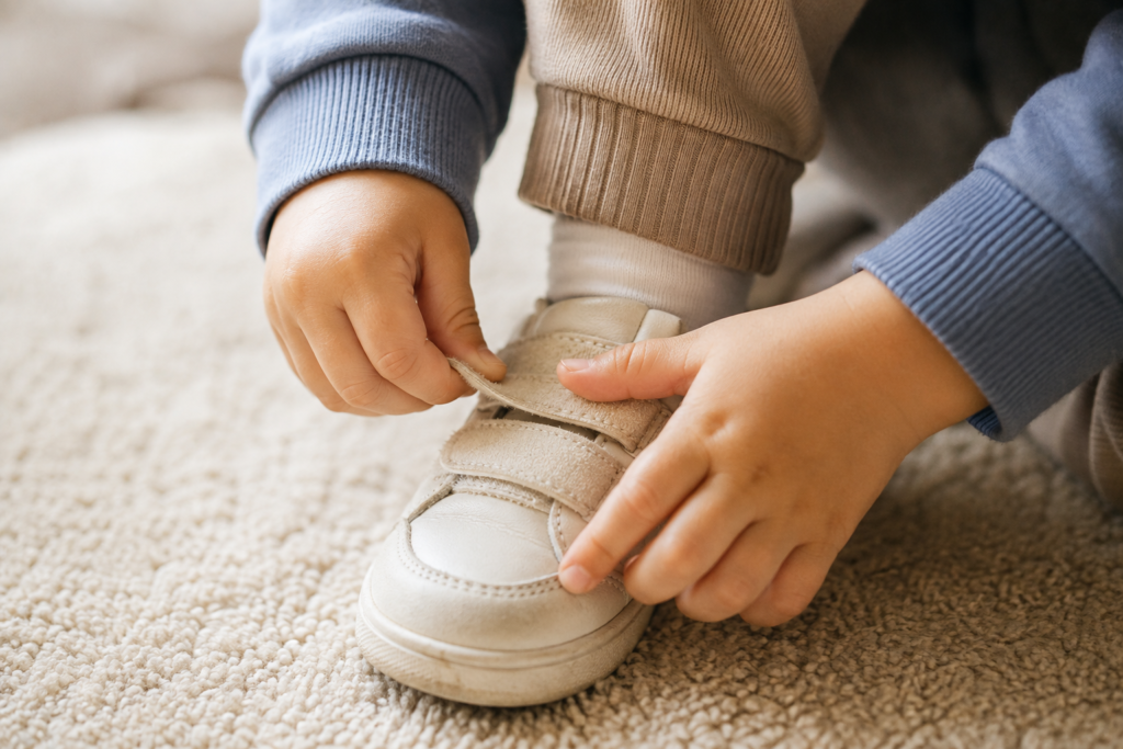 Child learning to put on a shoe independently by fastening the strap.