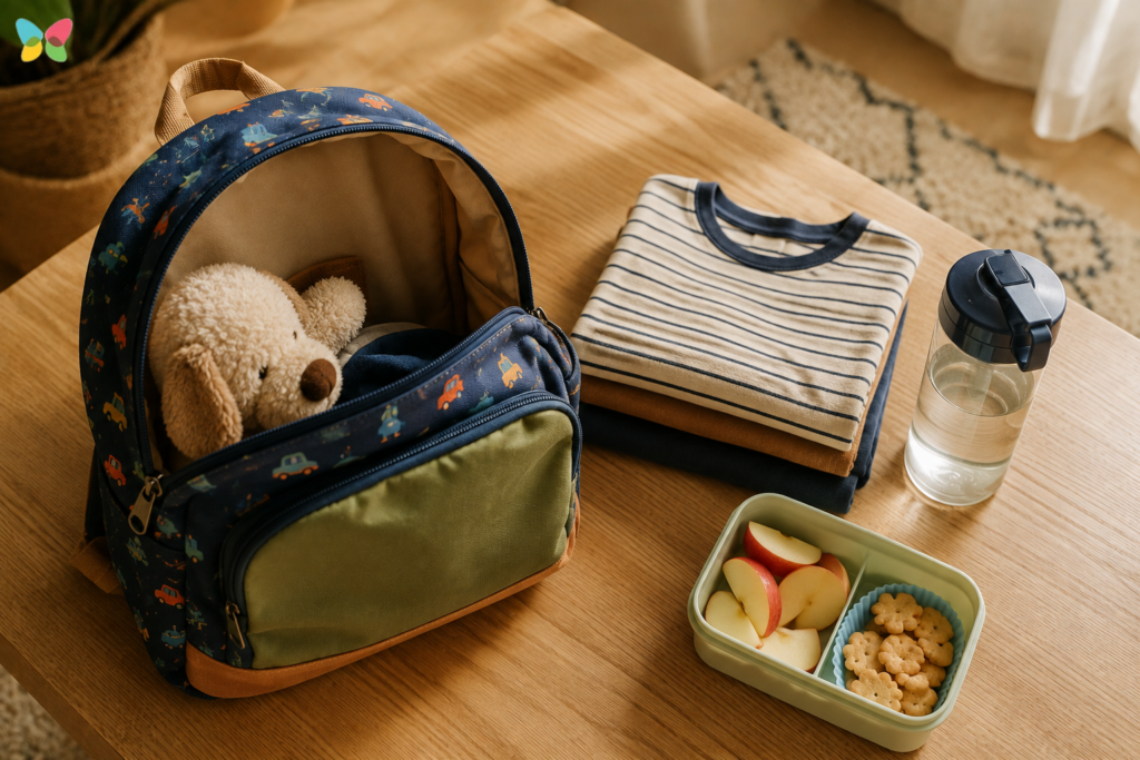 Preschool essentials arranged on a table, including a child’s backpack with a teddy bear, spare clothes, water bottle, and snack box.