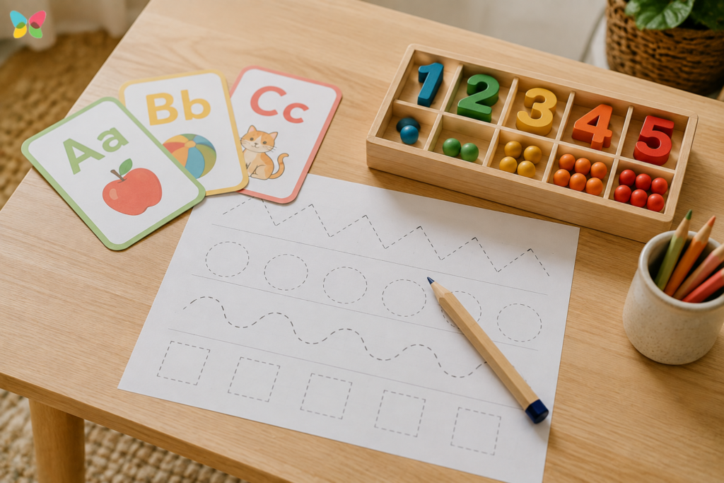 Preschool learning activity with alphabet flashcards, numbered counting blocks, tracing worksheets, and colored pencils.