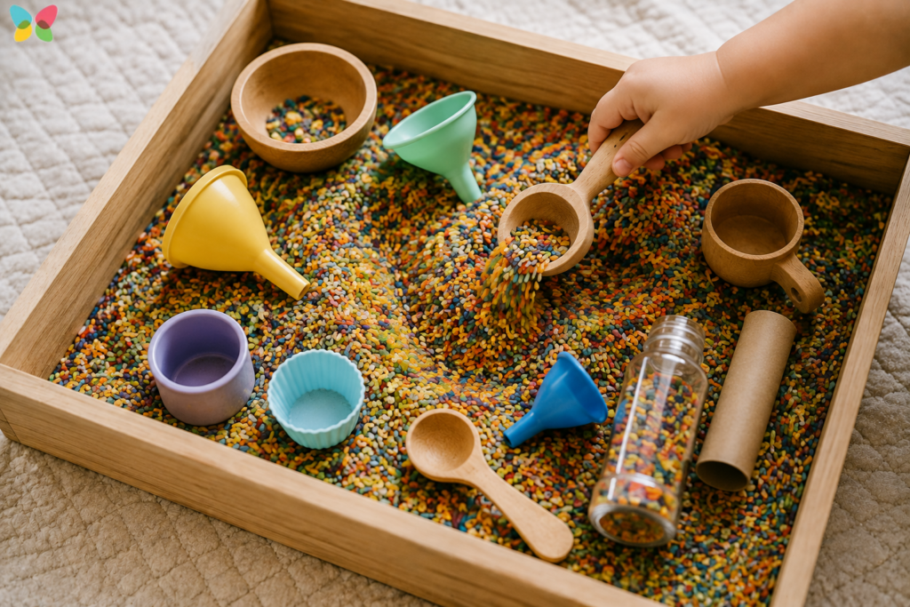 Child engaging in sensory play with colorful grains, scoops, cups, funnels, and containers in a wooden sensory tray.