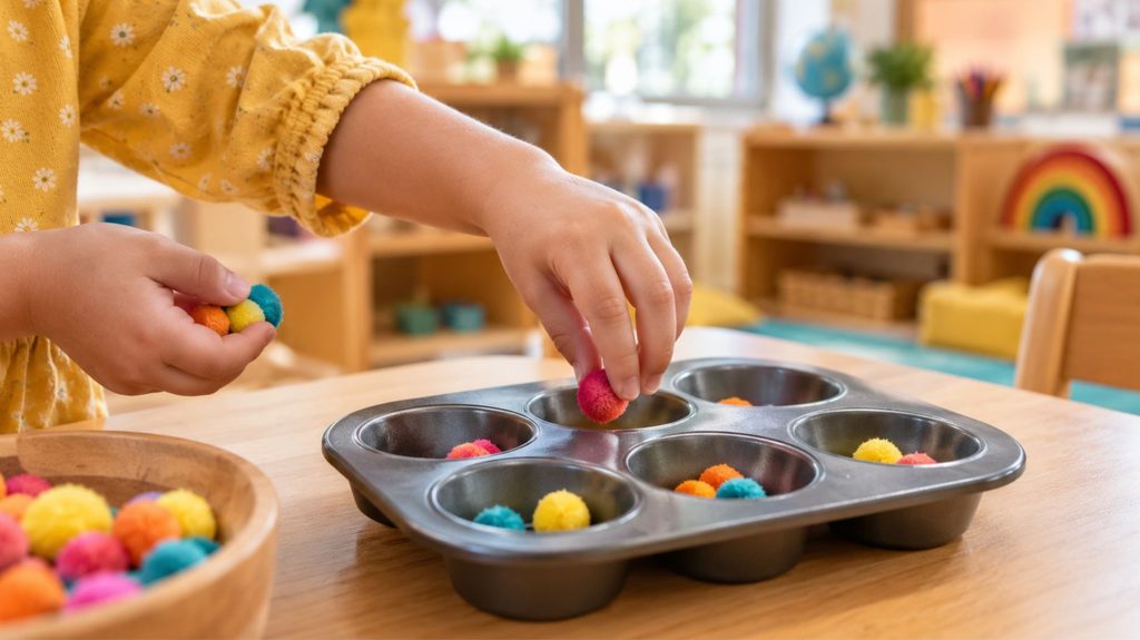 Alt tag: Toddler hands sorting colorful pom-poms into a muffin tray during a preschool counting activity
