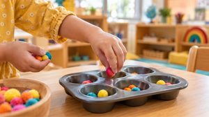 Toddler hands sorting colorful pom-poms into a muffin tray during a preschool counting activity