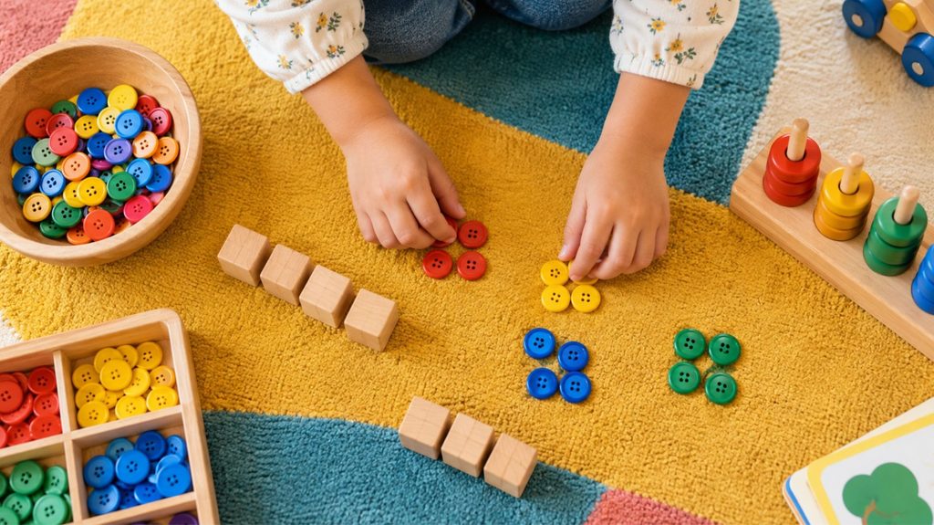 Alt tag: Child sorting wooden counting blocks and buttons into groups for early number sense activities
