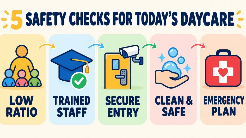Infographic of 5 daycare safety checks for toddlers: low staff ratio, trained staff, secure entry, hygiene and emergency plan