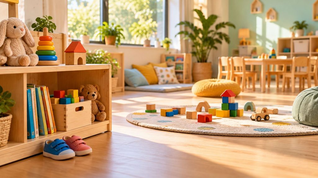 Bright, clean toddler daycare classroom in India with wooden toys, soft rug and reading nook in morning sunlight