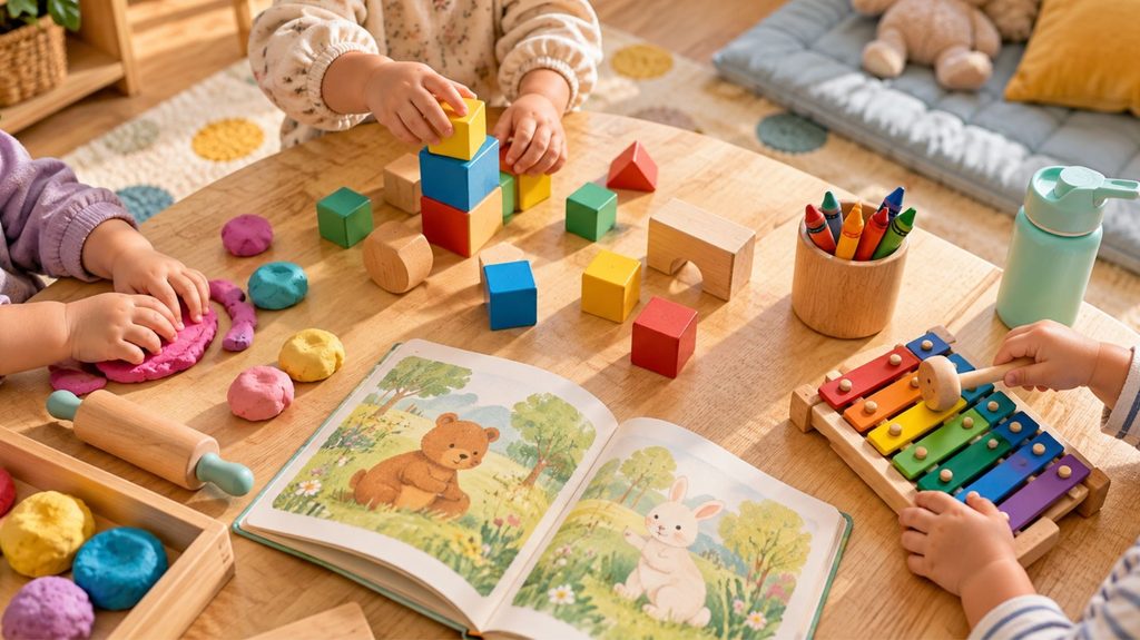 Toddler hands stacking wooden blocks and shaping playdough during play-based learning at a daycare centre