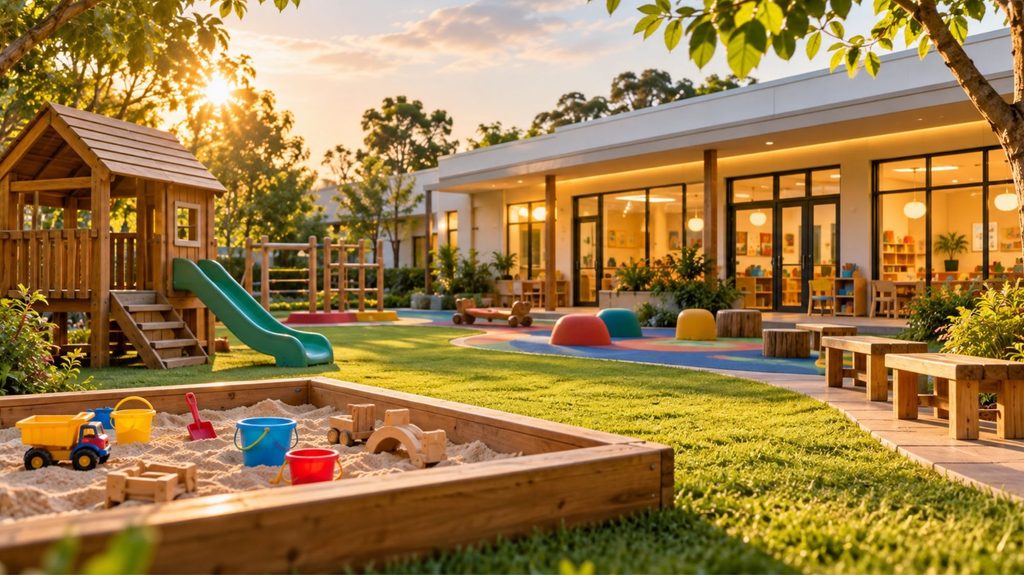 Safe, sunlit preschool and daycare play area in India with a small slide, sandpit and wooden playhouse