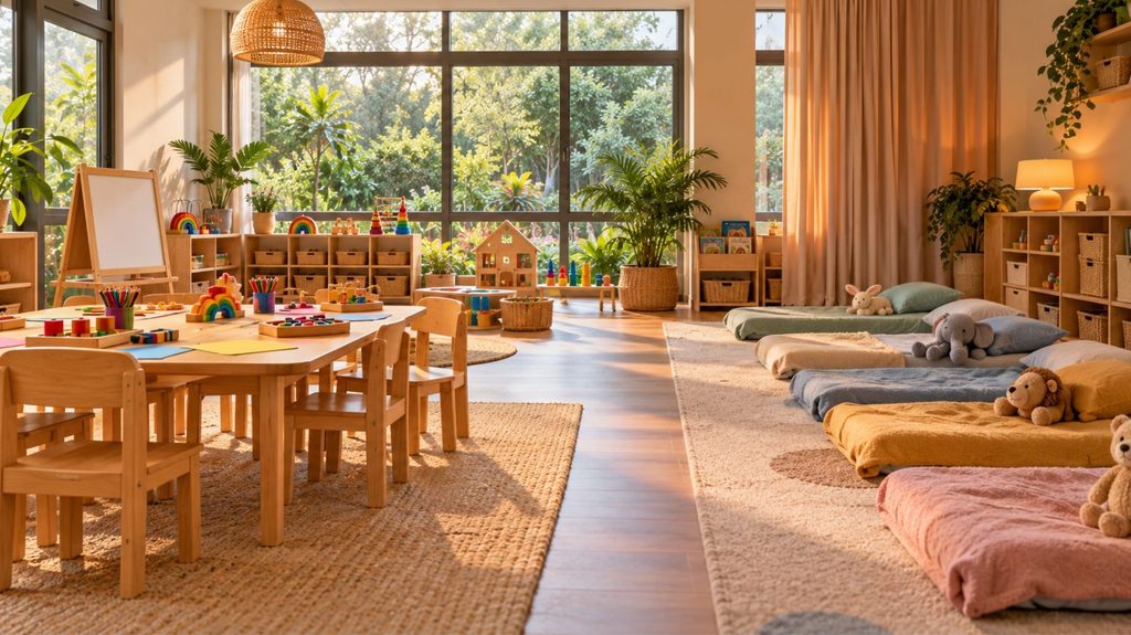 Preschool classroom with daycare in one room: a morning learning table on one side and cosy nap mats on the other